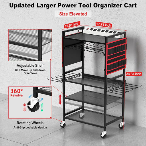 Power Tool Organizer Cart with 20A Power Strip